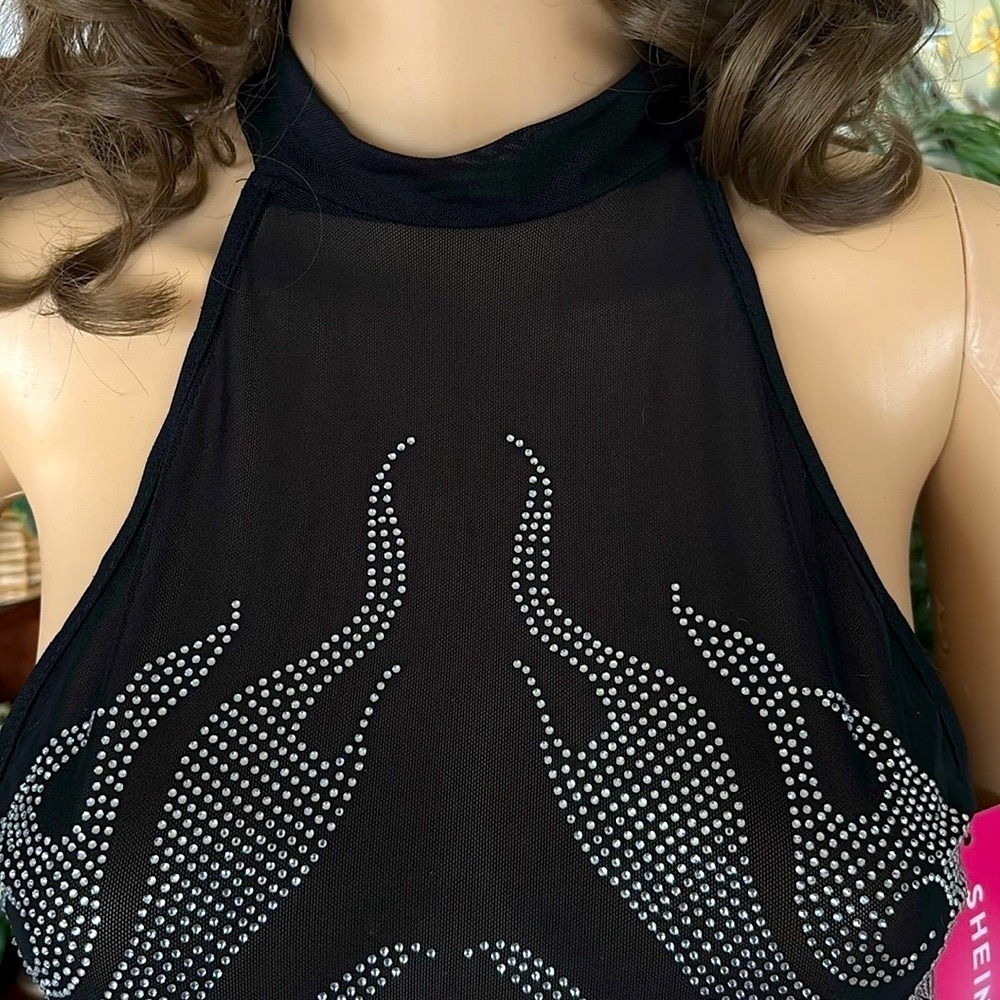 Brand New Black Mesh Studded Silver Fire Flame Crop Top High Neck See Thru Tank - Picture 6 of 12